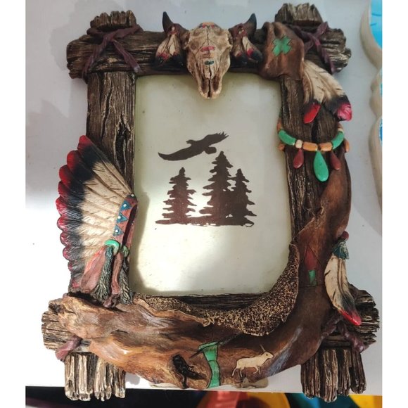 Rustic Native American Motif Resin Picture Frame Chief Cow Head Hide 7x9" Decor - Picture 4 of 15